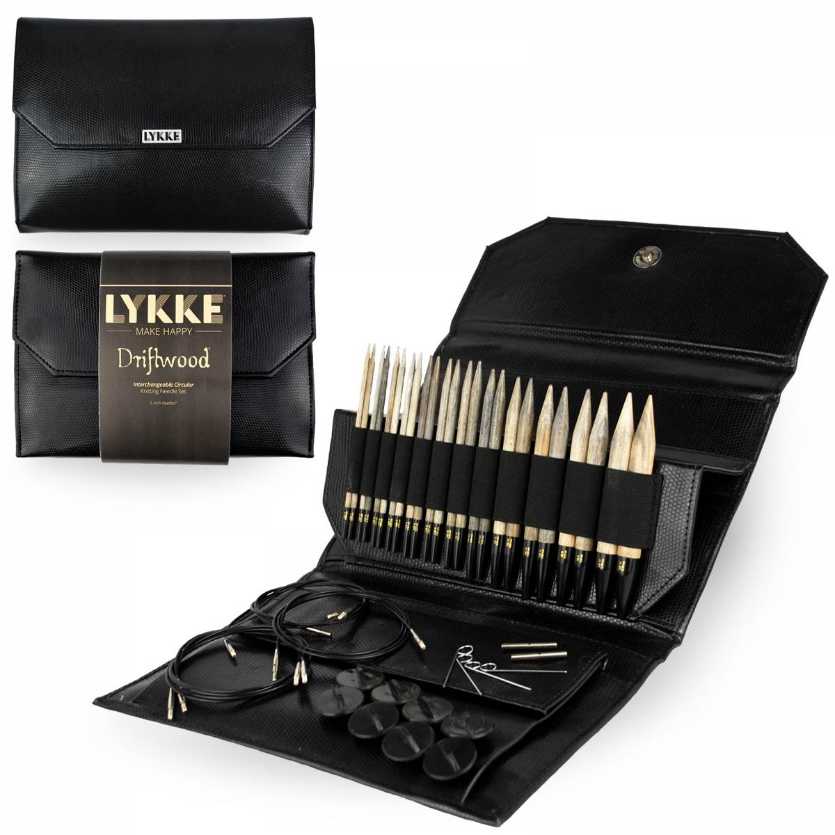 LYKKE Driftwood knitting needle set 5 inch with black case.