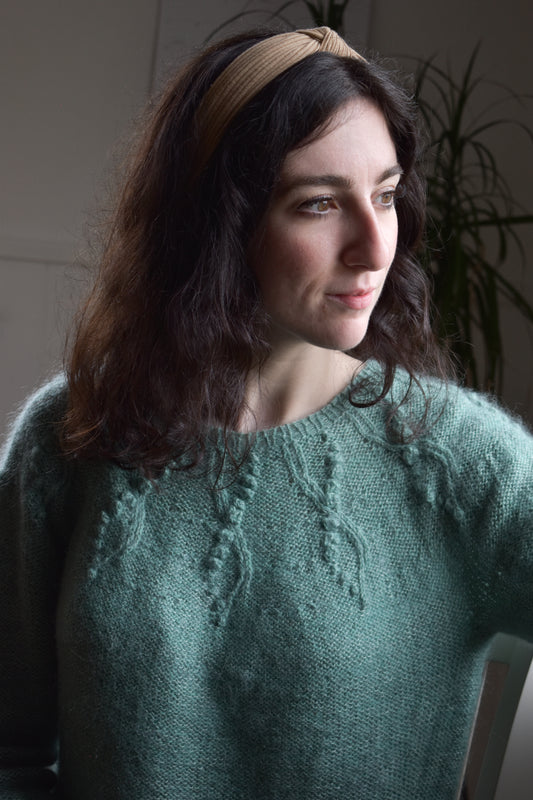 Green top down yoke sweater knitting pattern with texture.