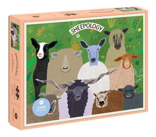 Sheepology puzzle box with illustrations of sheep on a green background.
