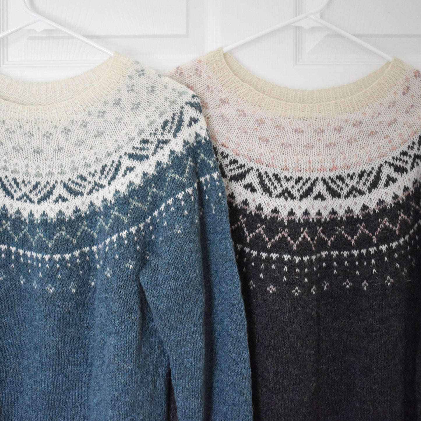 Patterned yoke sweaters.