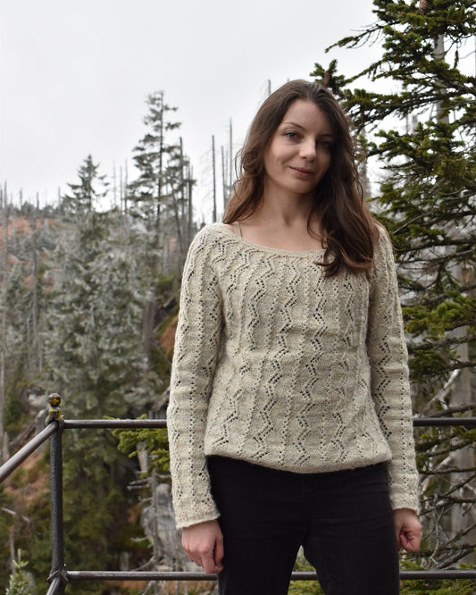 Lace top-down sweater knitting pattern for women.
