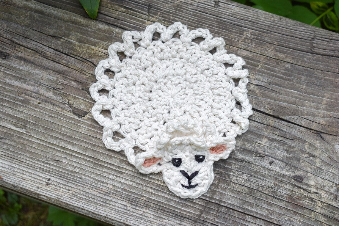 White crochet sheep coaster pattern for Easter.