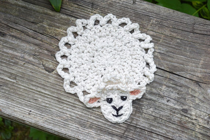 White crochet sheep coaster pattern for Easter.