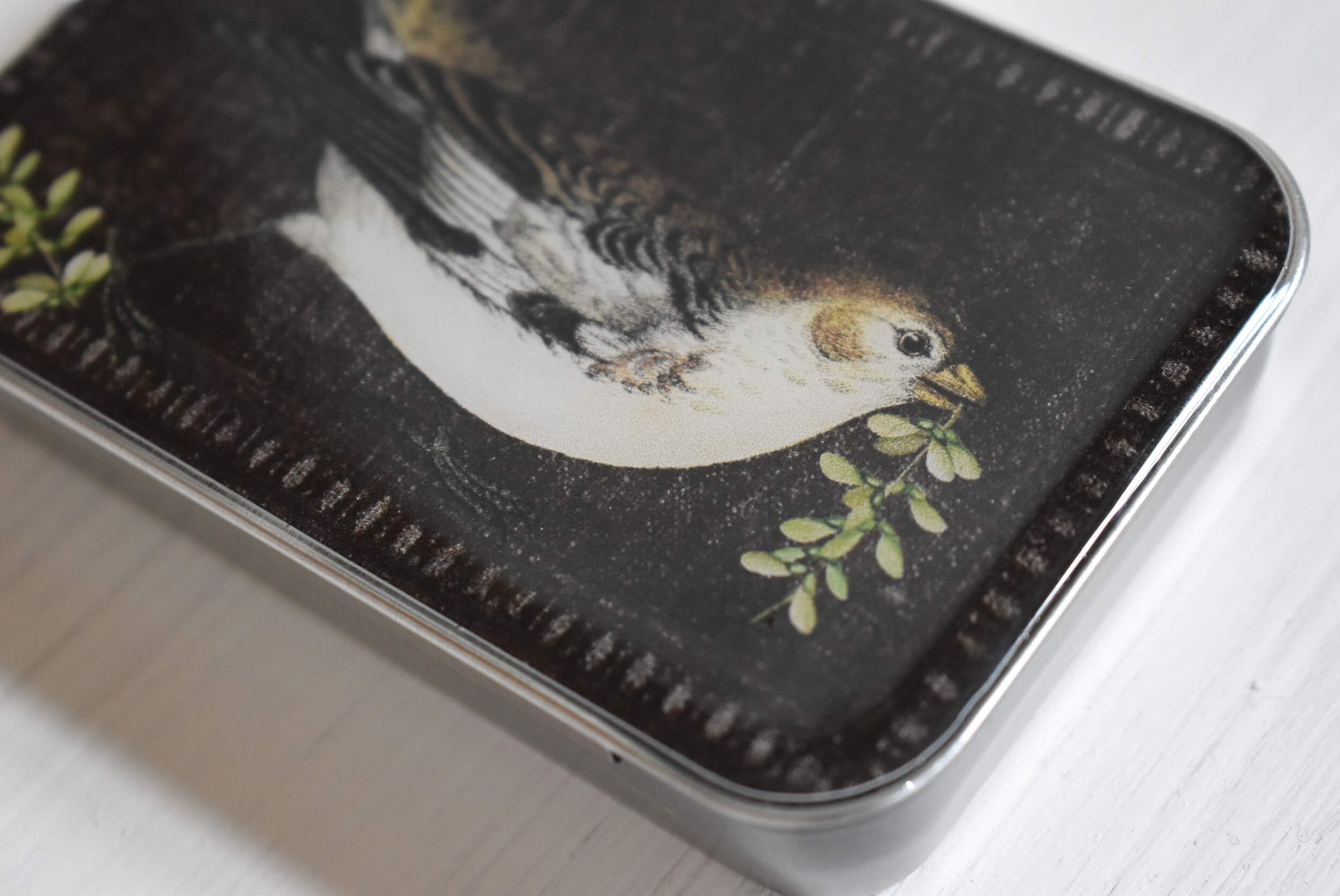Detail of the knitting notions tin with a bird design on a dark background.