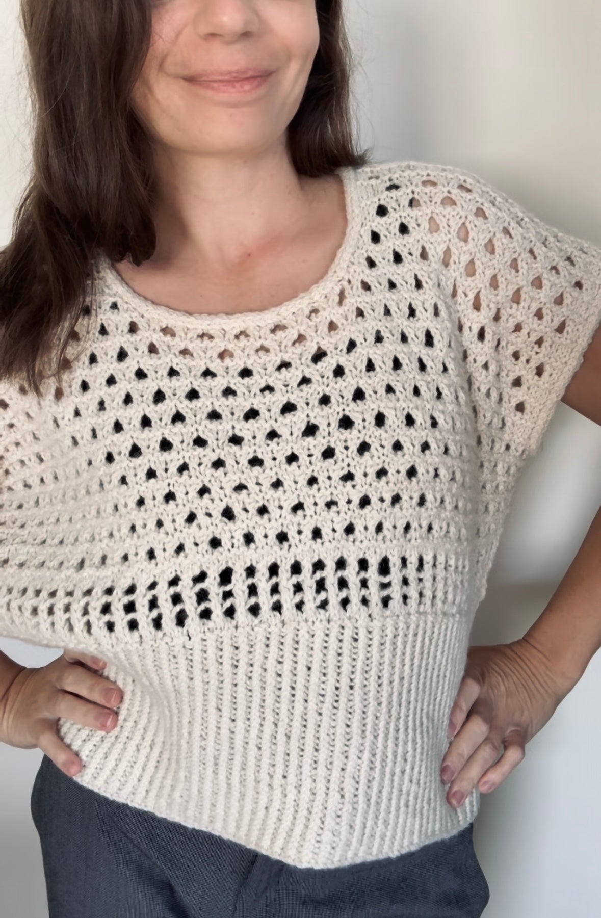 White crochet-like top knitting pattern.