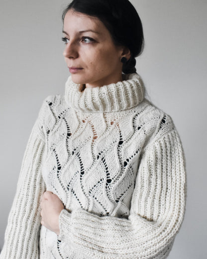White turtleneck knitting pattern.