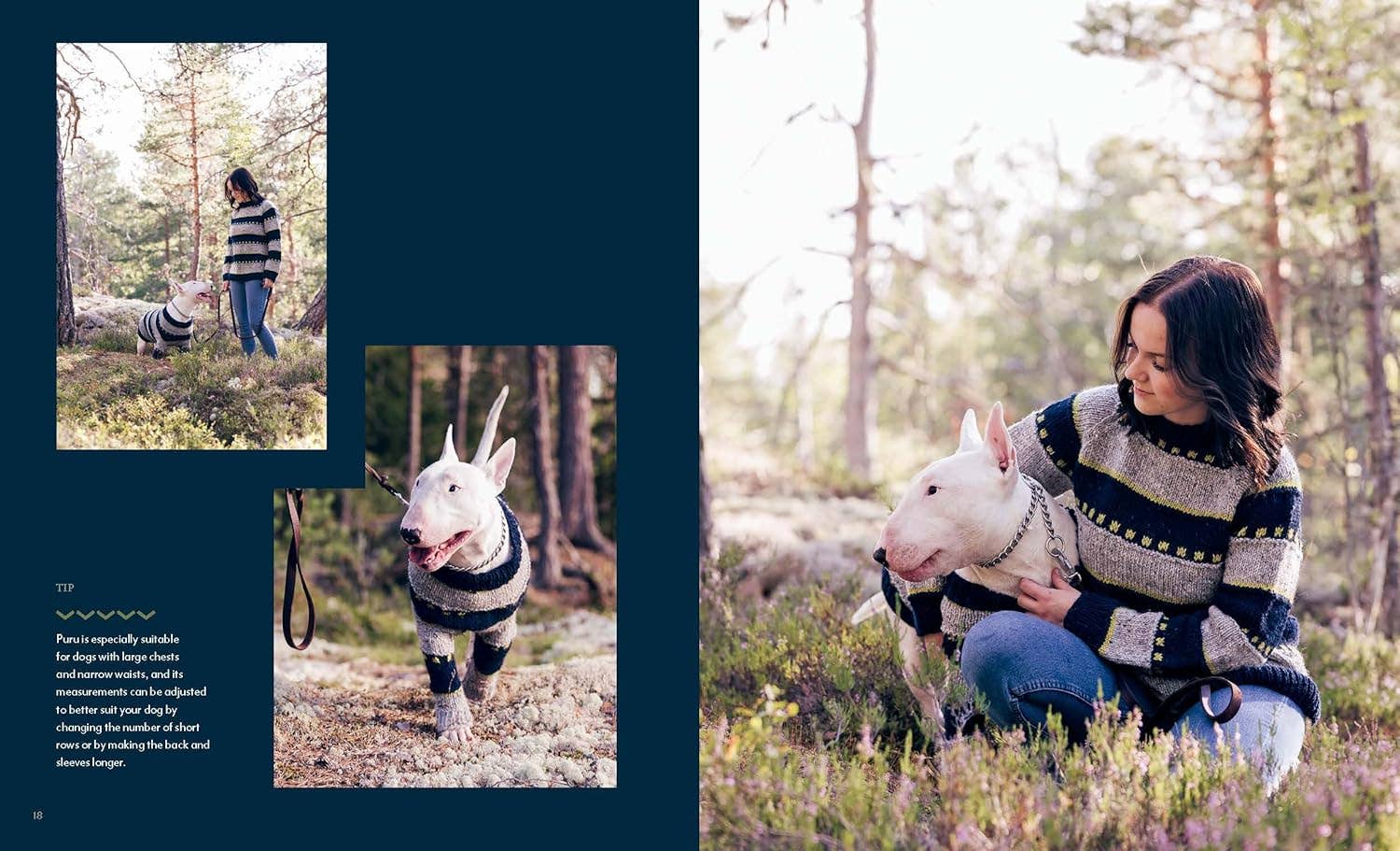 A woman in a fair isle sweater with a dog in a forest setting.