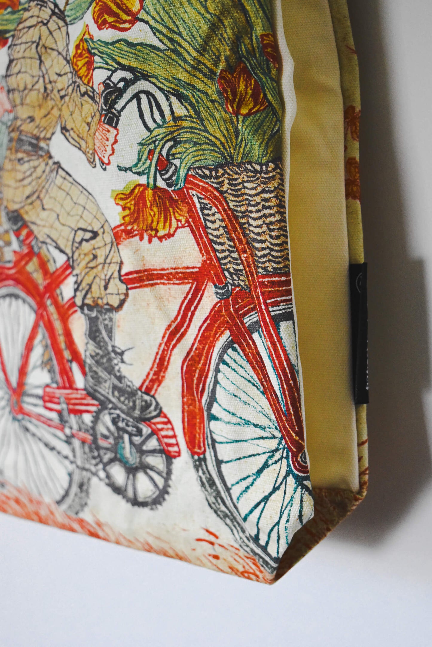 Detail of the knitting bag fabric with a ciclist.