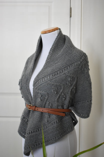 Lady of the Lake shawl knitting pattern, shown with a brown belt around waist.