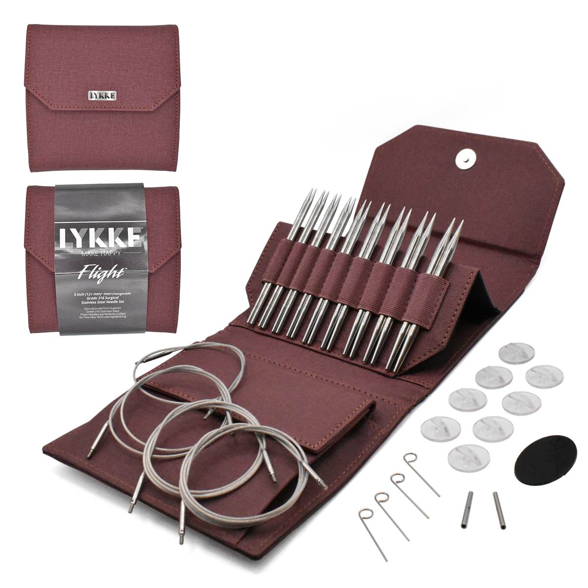 Surgical steel knitting needle set with swivel cords and maroon case.