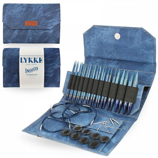 Lykke Indigo interchangeable knitting needle set in blue color, with a carrying case.