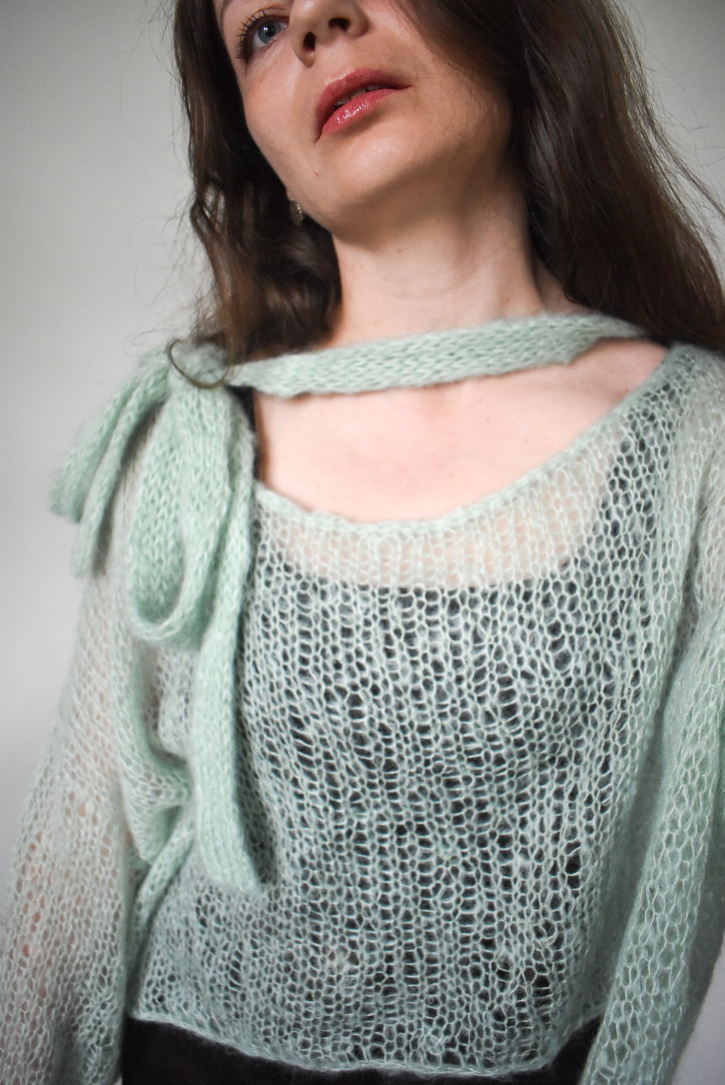 Mint green silk mohair sweaterk knitting pattern with bows.
