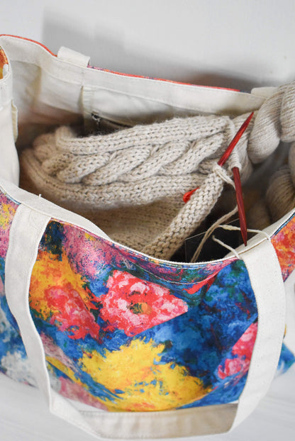 Colorful floral-patterned bag for knitting.