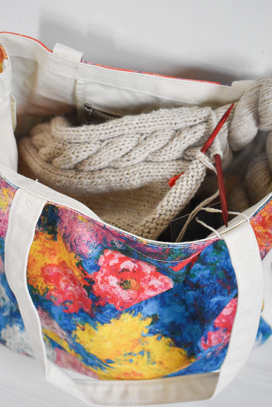 Colorful floral-patterned bag for knitting.