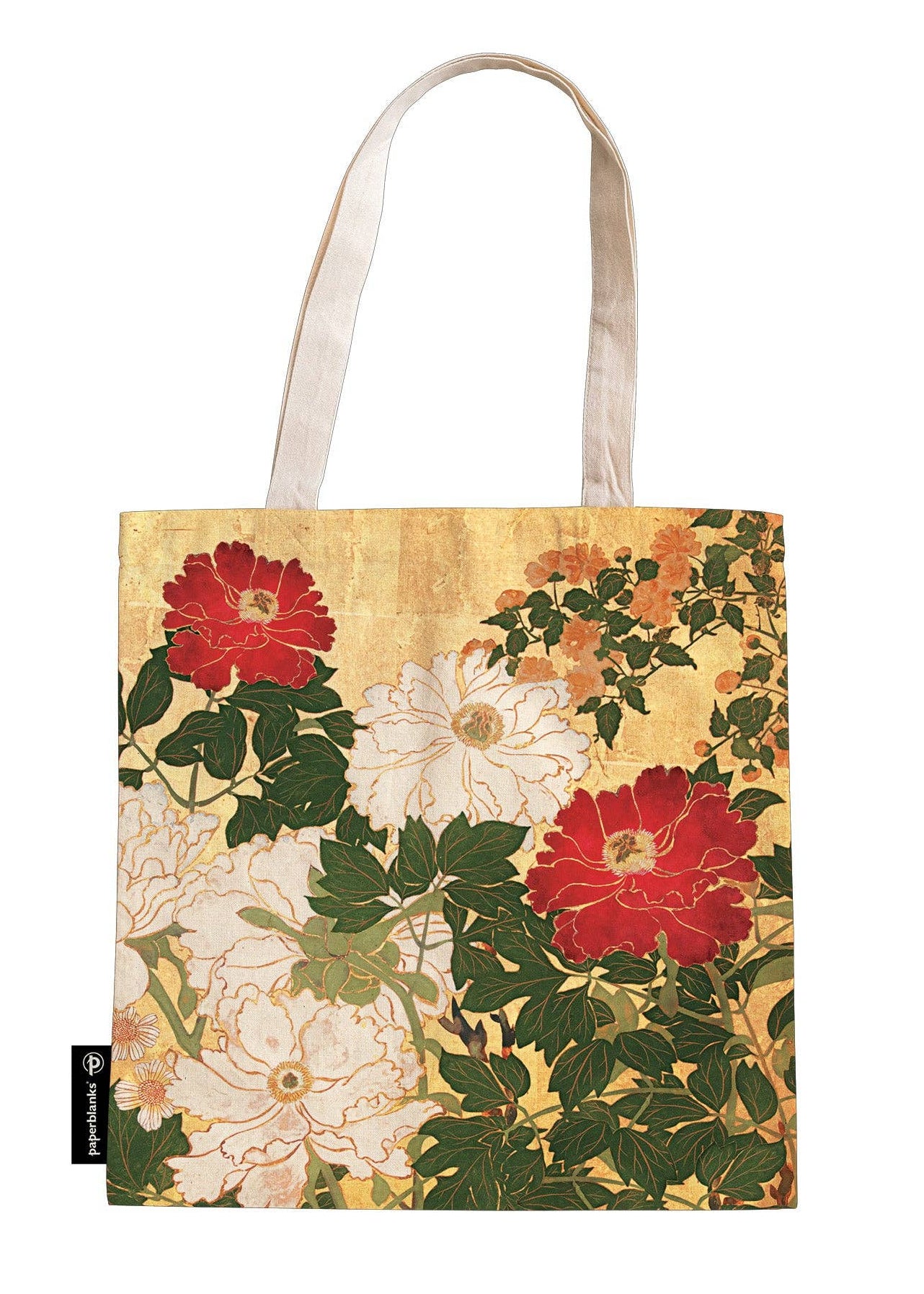 Tote bag with a Japanese flower painting perfect for storing knitting projects.
