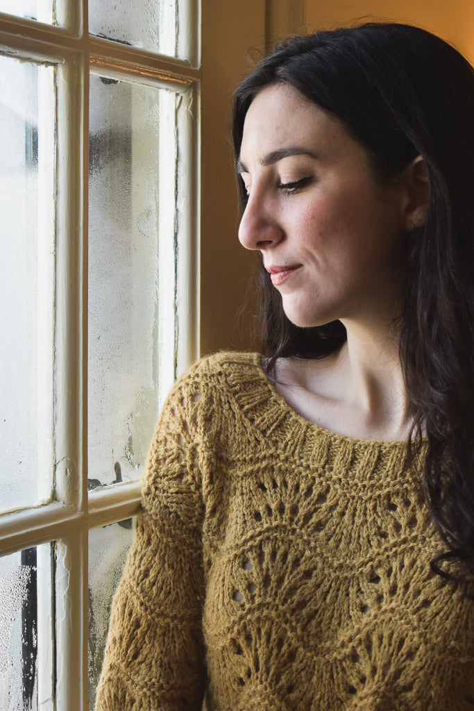 Detail of Serenade Sweater knit pattern.