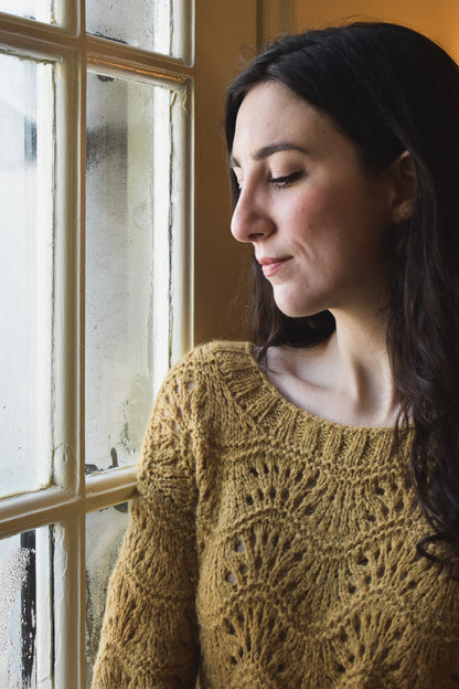 Detail of Serenade Sweater knit pattern.