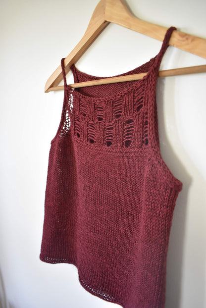 Tank top knitting pattern in burgundy color.