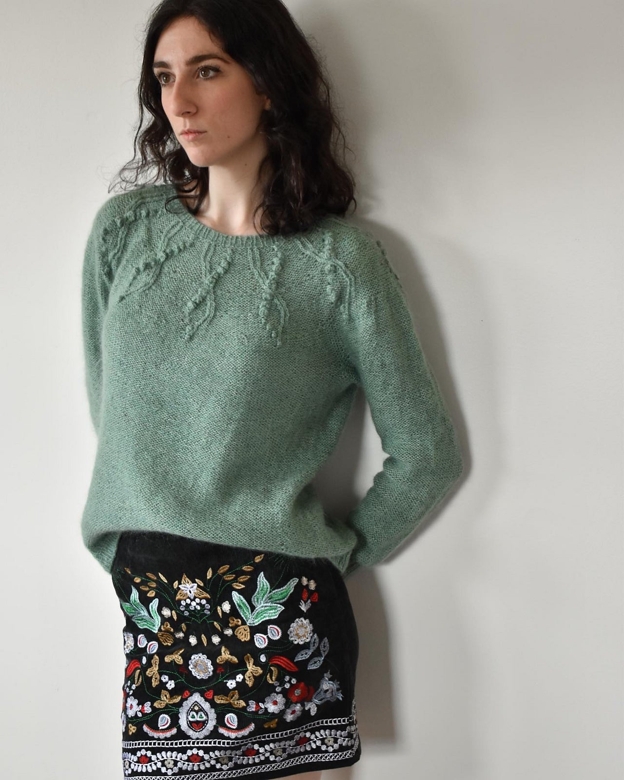 Top down textured yoke sweater knitting pattern.