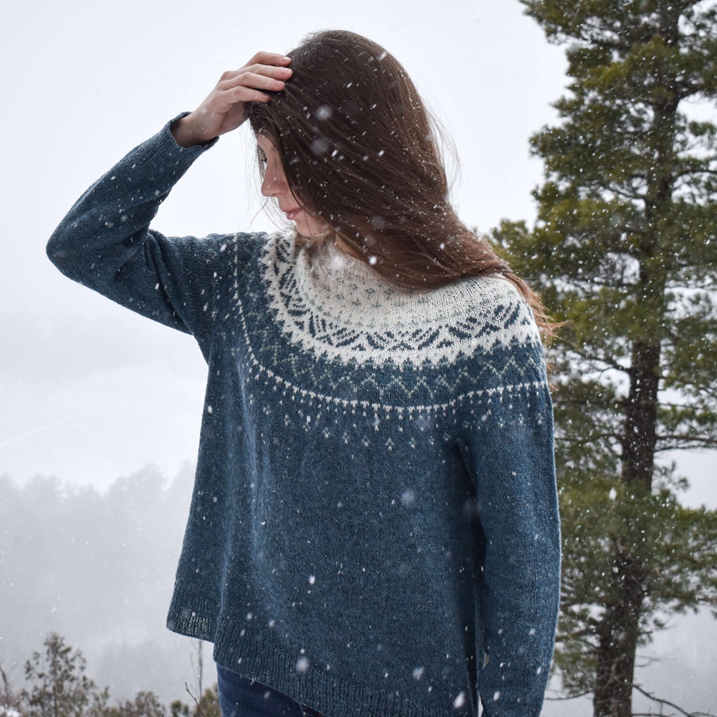 Fair isle sweater knitting pattern in blue and white colors.