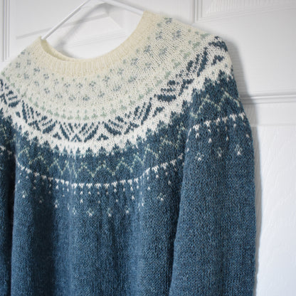 Detail of the yoke on a stranded colorwork sweater.