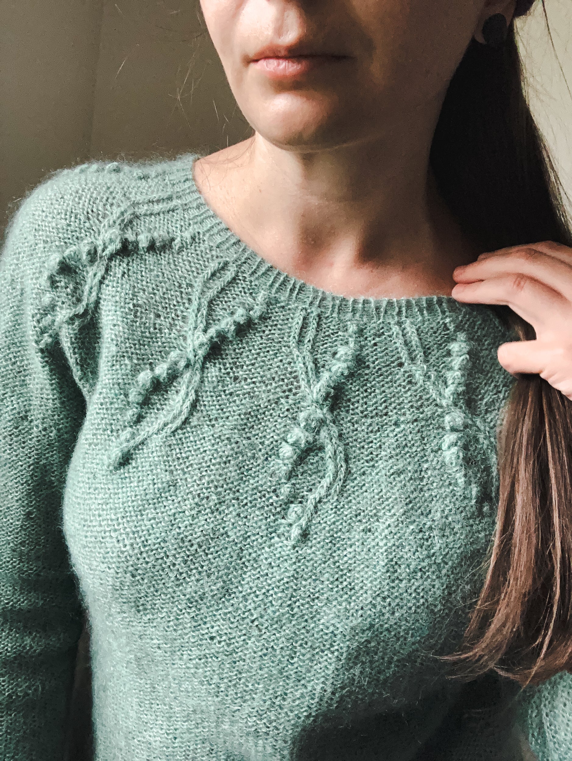 Textured yoke sweater knitting pattern using mohair yarn.