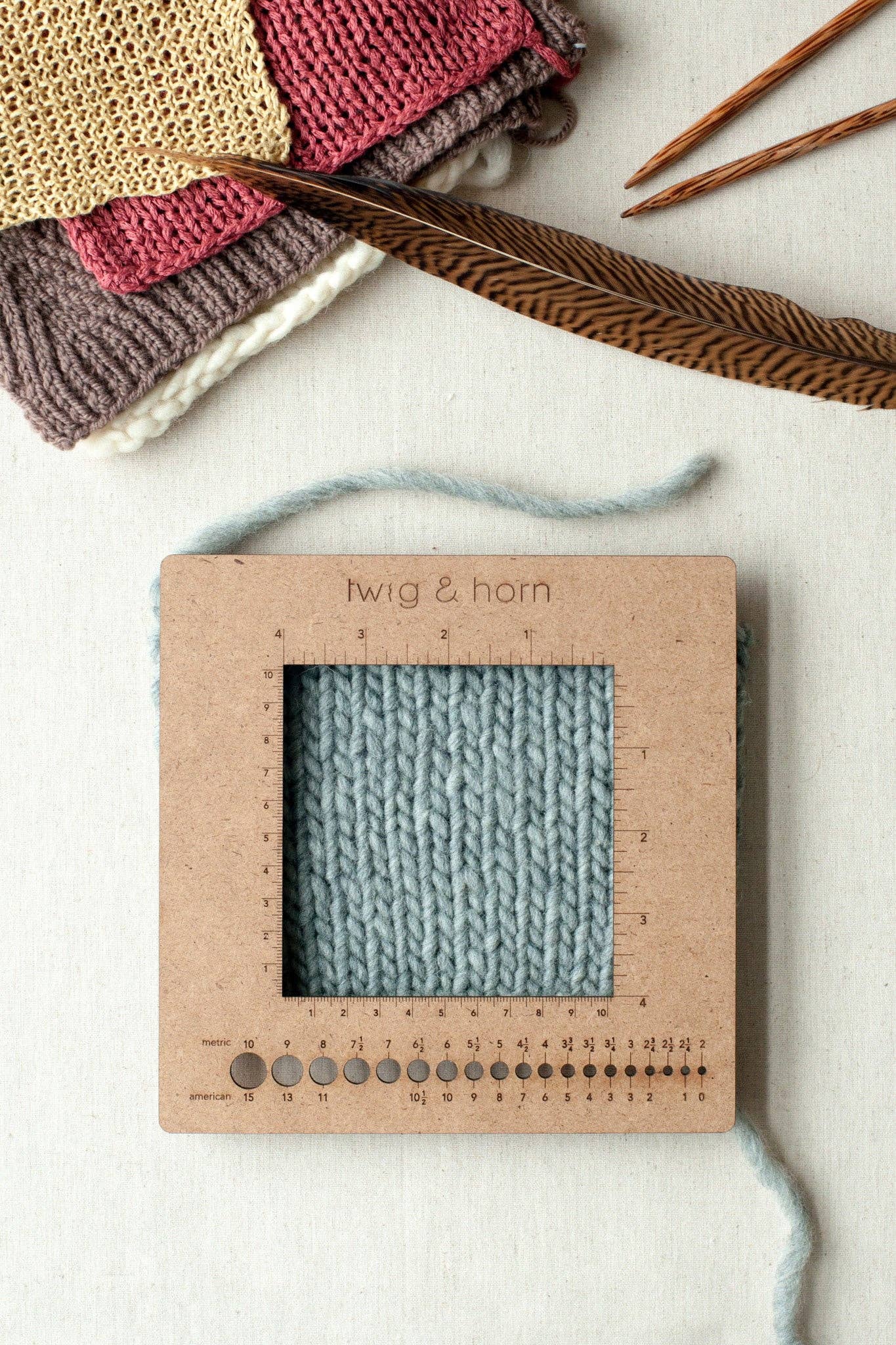 Twig & Horn square knitting needle and gauge swatch ruler.