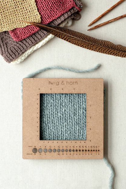 Twig & Horn square knitting needle and gauge swatch ruler.