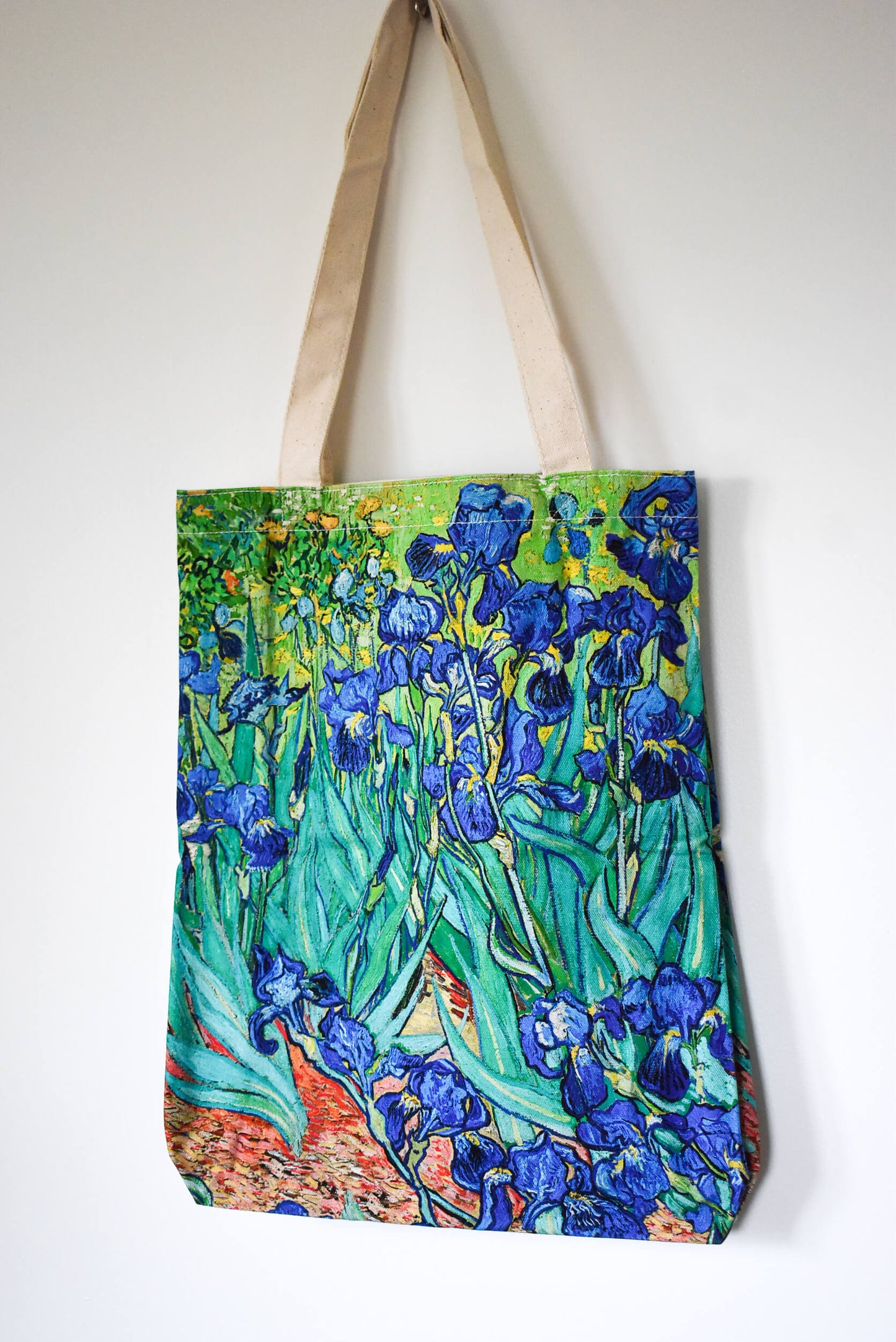 Canvas tote bag with Van Gogh 'Irises' design.