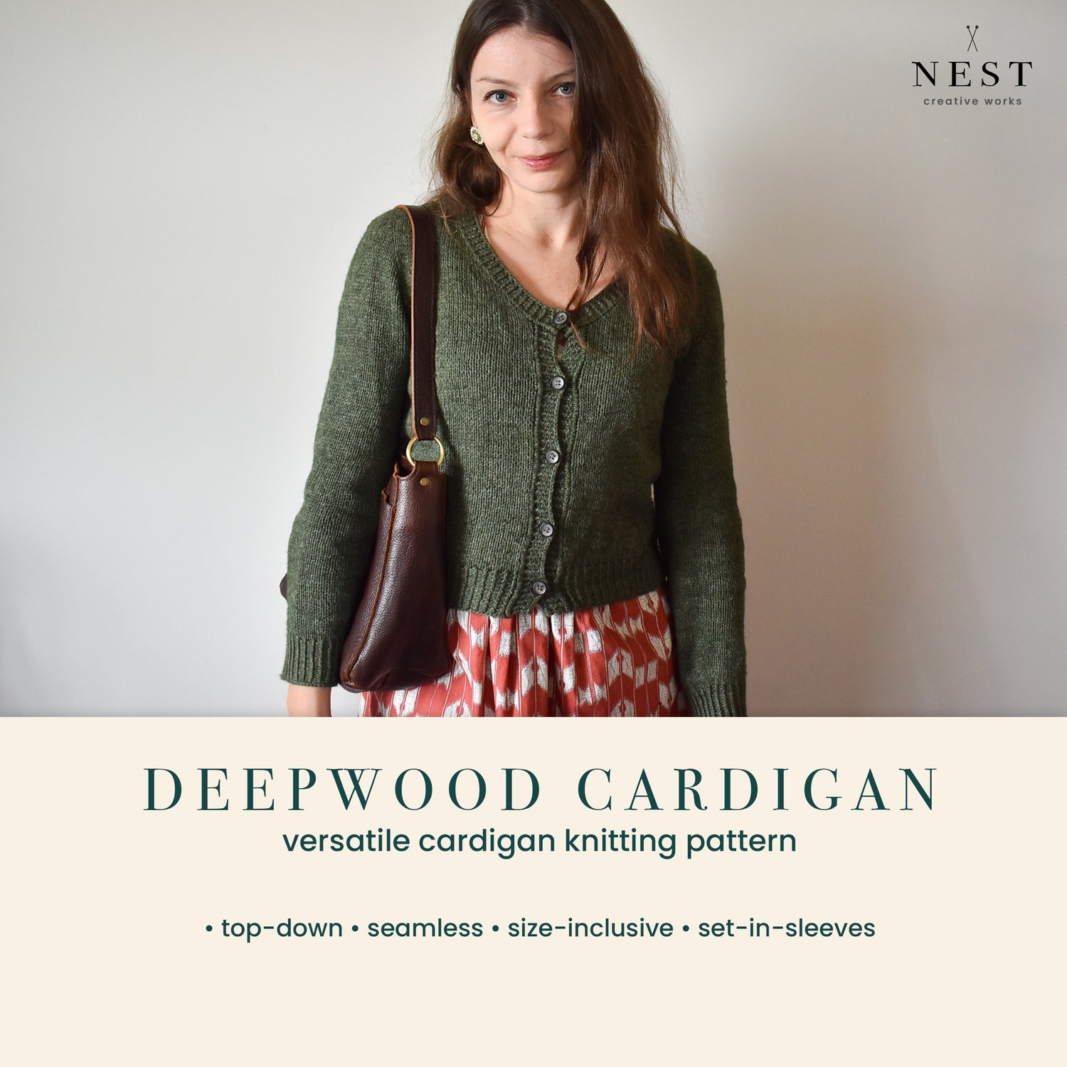Versatile top-down stockinette stitch cardigan knitting pattern for women in green color.
