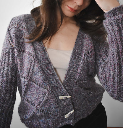 Deep v-neck cardigan knitting pattern.