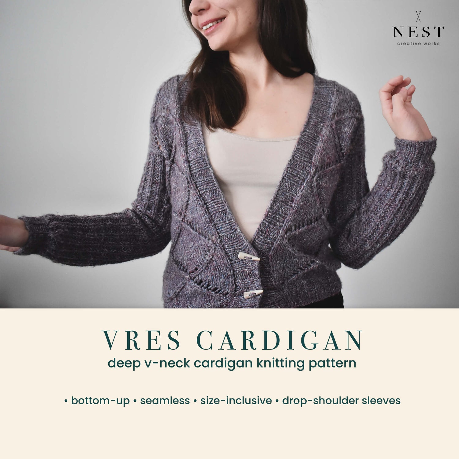 Textured v-neck cardigan knitting pattern for women.