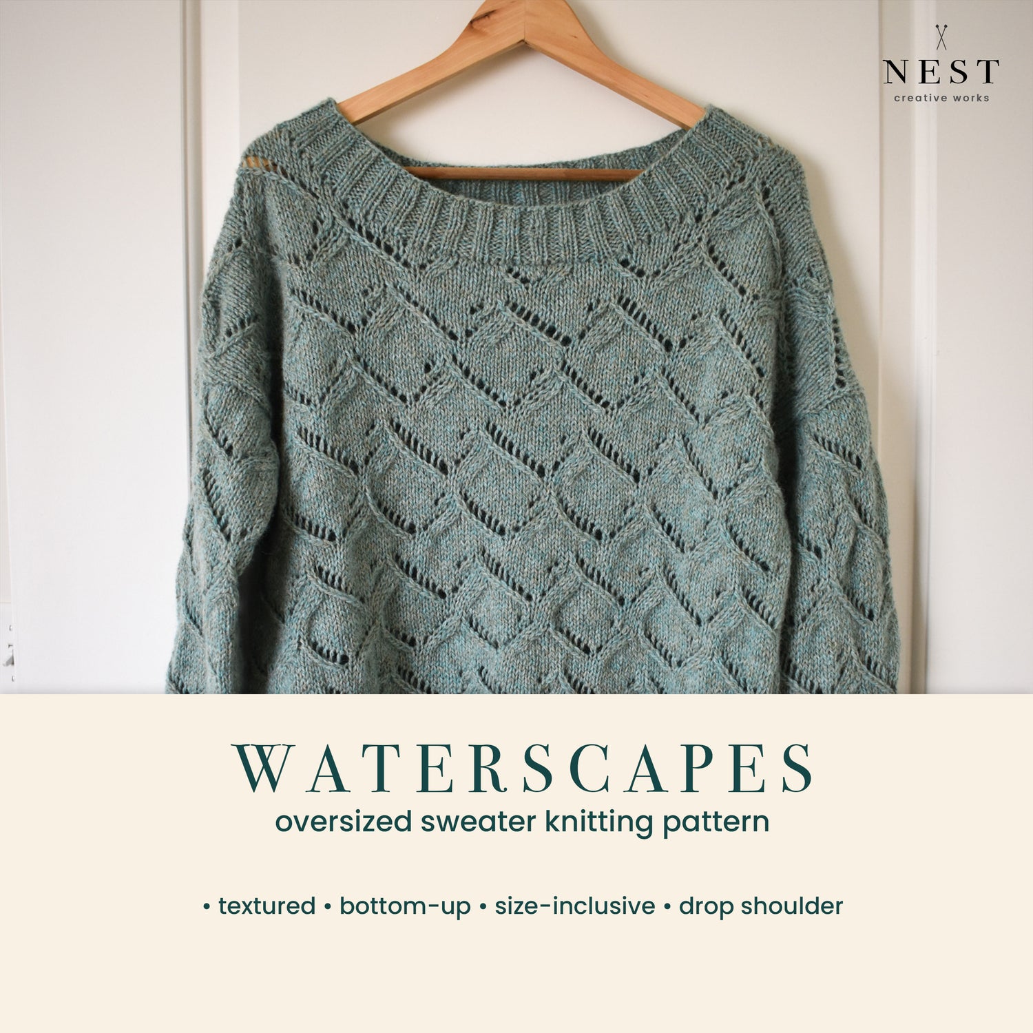 Oversized handmade sweater with a textured knitting pattern called Waterscapes by Katerina Rieckel.