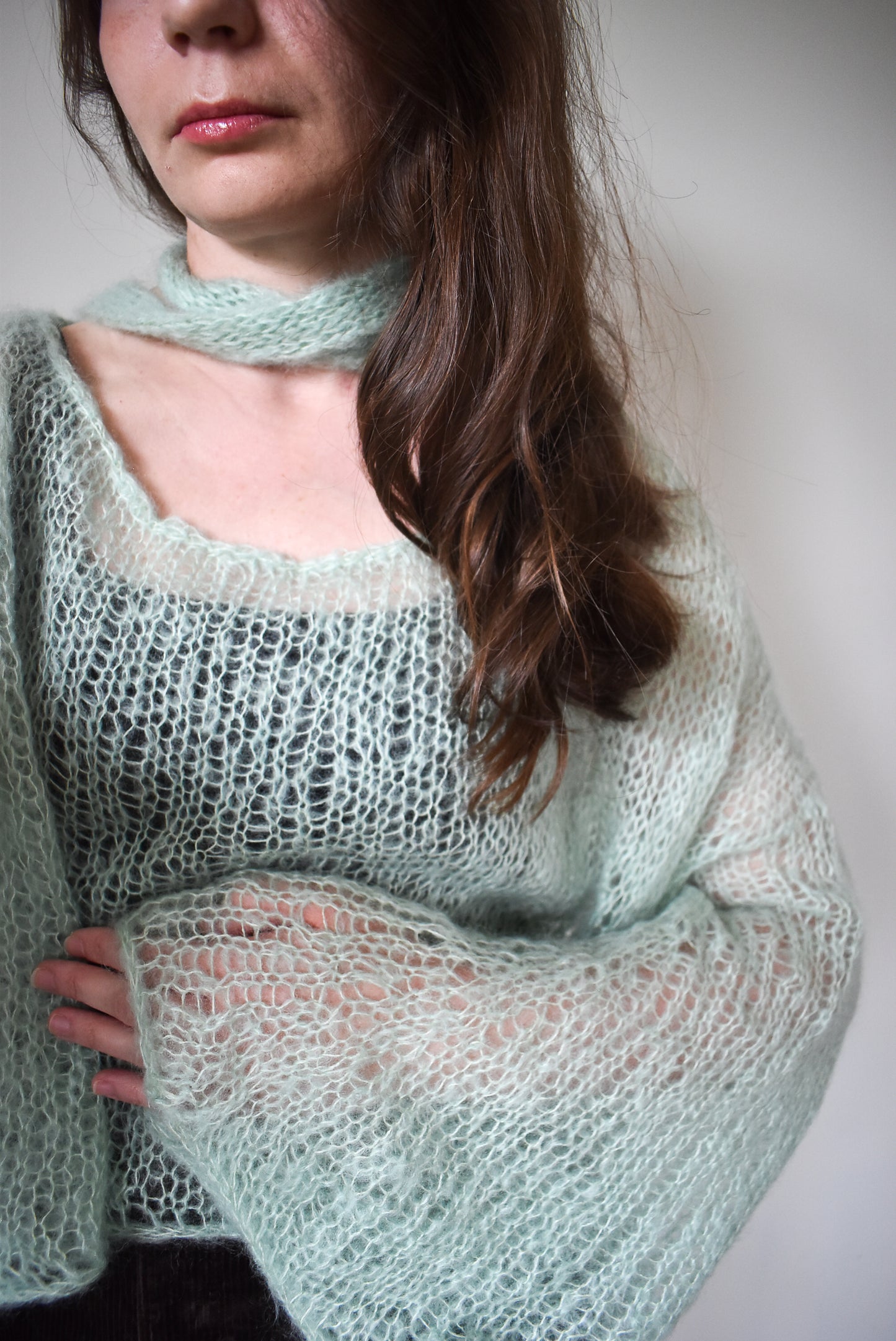 Mint green openwork blouse knitting pattern.