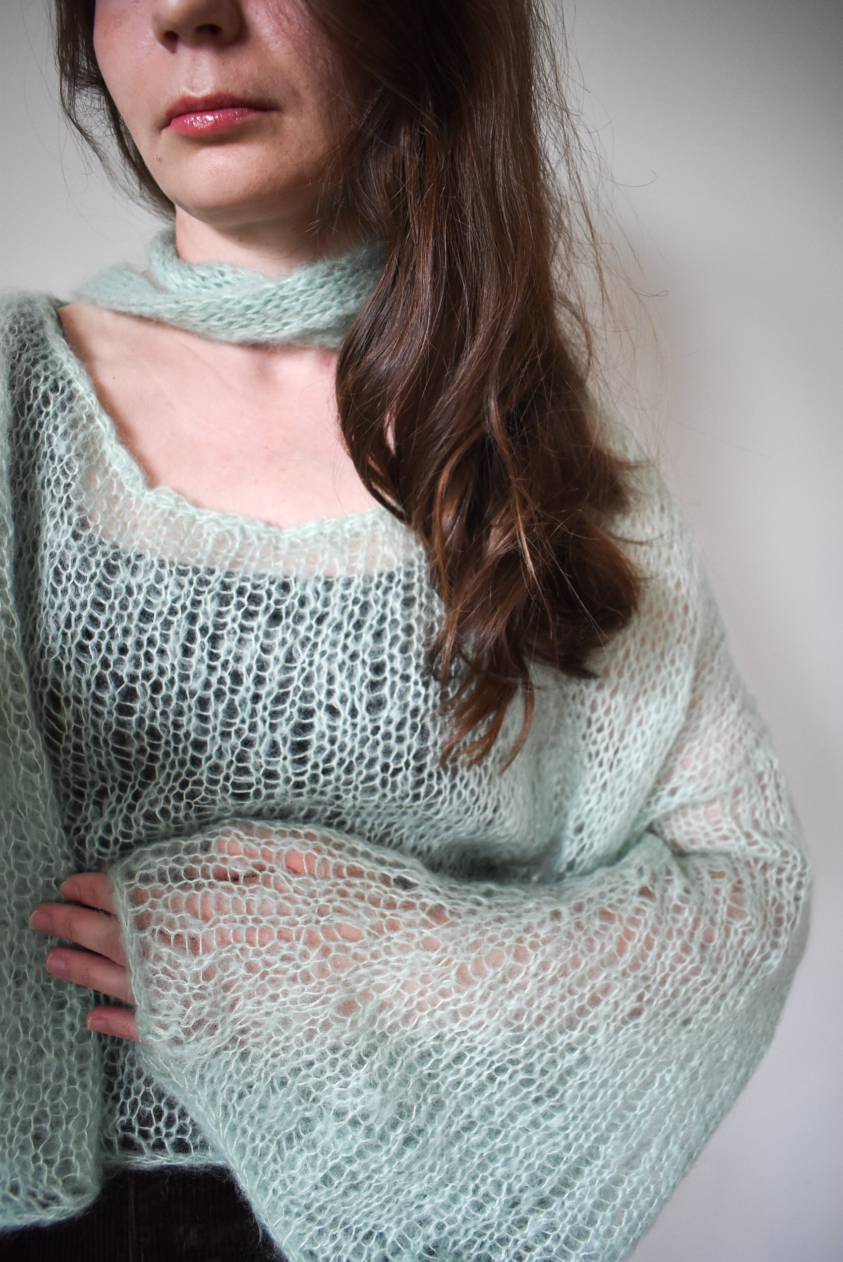 Mint green openwork blouse knitting pattern.
