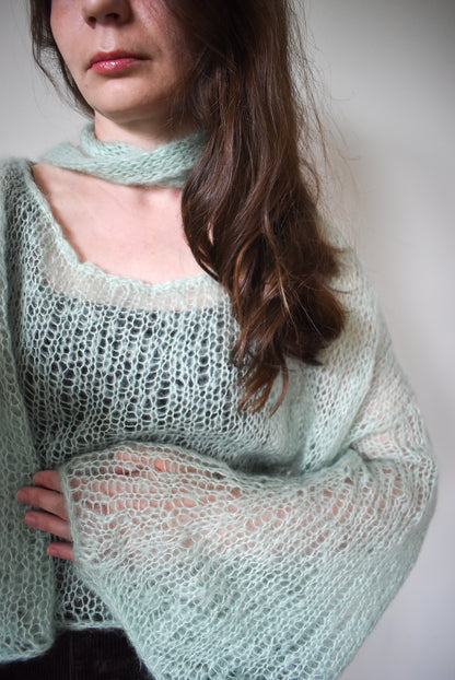 Mint green openwork blouse knitting pattern.
