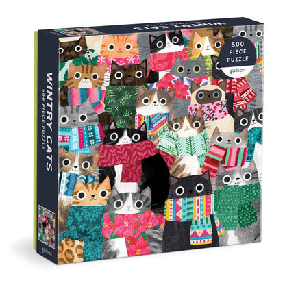 Puzzle with colorful cats in winter clothing.