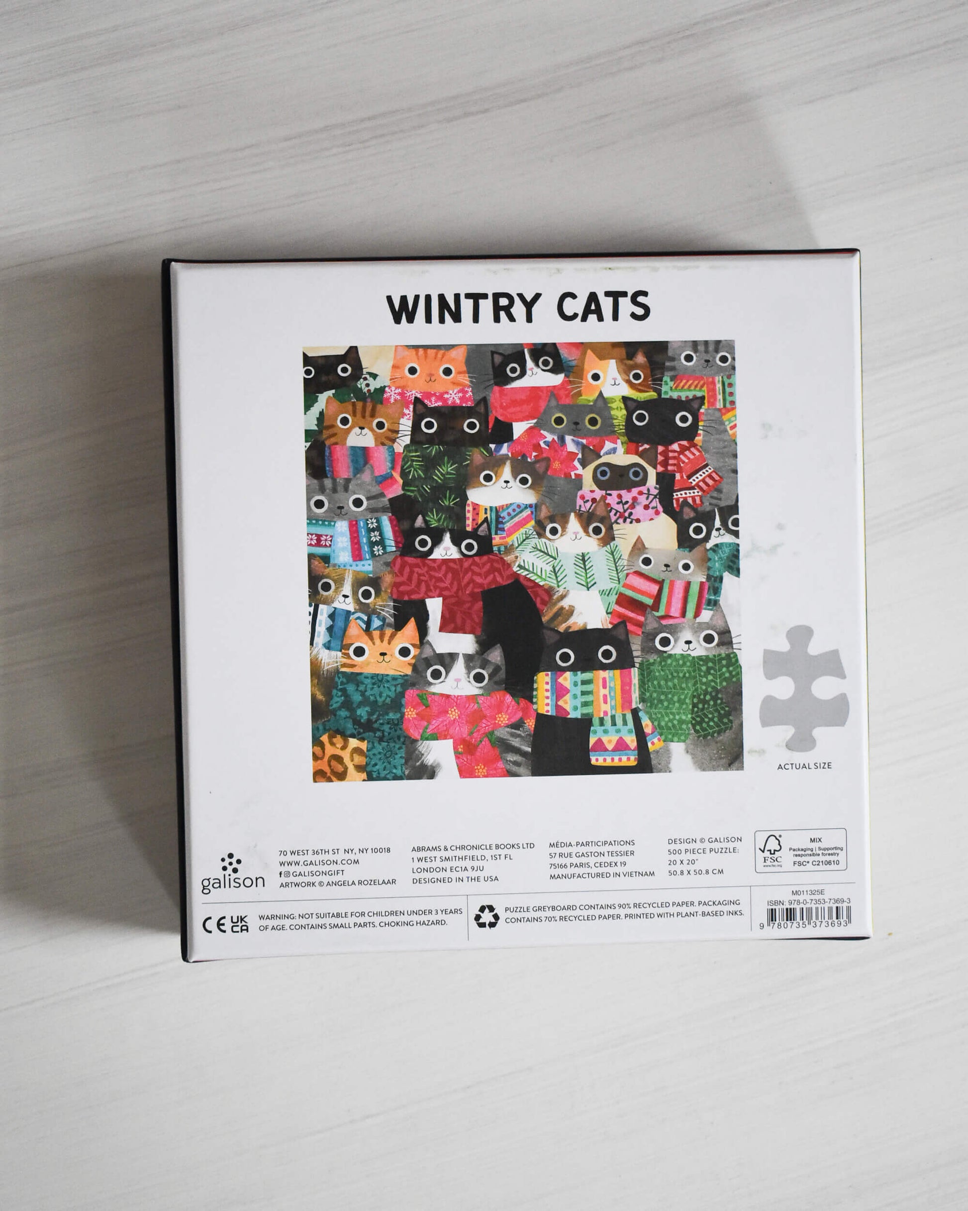 Jigsaw puzzle box with 'Wintry Cats', back side.